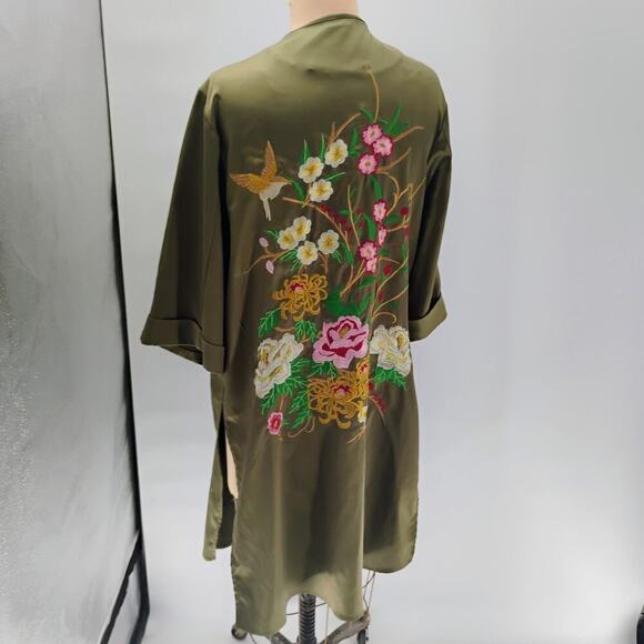 Anthropologie Floreat Kimono One Size Satin Floral Embroidered Open Front Green - Picture 9 of 15